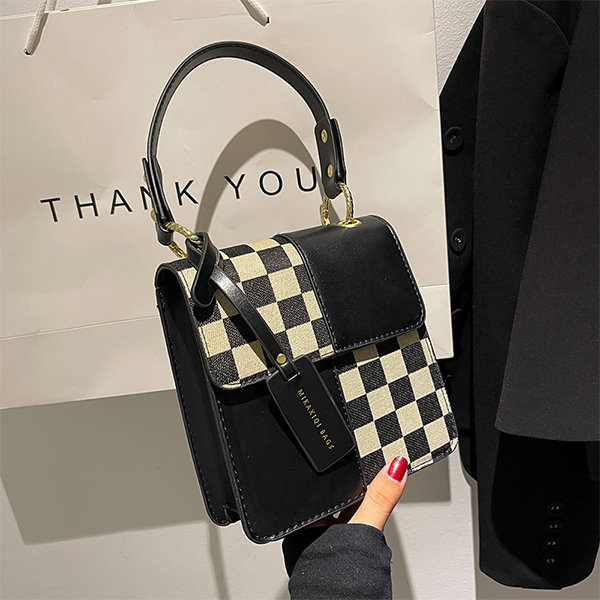 Checkered Handbag - PU Leather - Black - Brown - ApolloBox