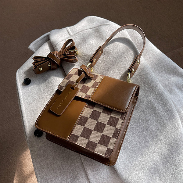 Checkered Handbag - PU Leather - Black - Brown - ApolloBox