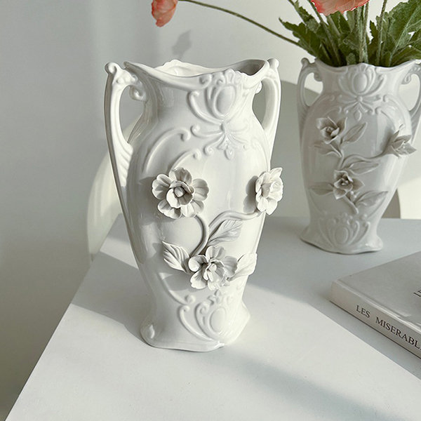 Retro Vase - Embossed Flower Design - Ceramic - White - ApolloBox