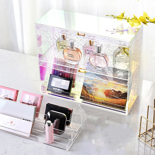 Water Ripple Makeup Organizer Desktop Cosmetic Storage Box with 2 Drawers  in Clear, Cosmetic Storage Box