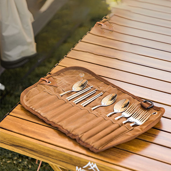 Outdoor Camping Cutlery Set - Waxed Canvas - Stainless Steel - Wooden Handle
