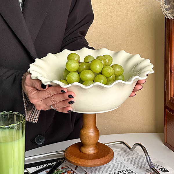 Transparent Fruit Bowl - With Ripple Texture - Glass - Wooden Base -  ApolloBox