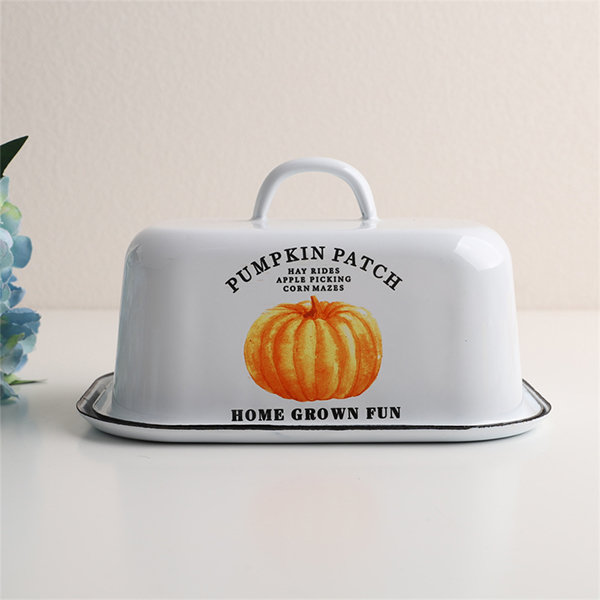 Pumpkin Pattern Butter Tray With Cover - Enamel - White