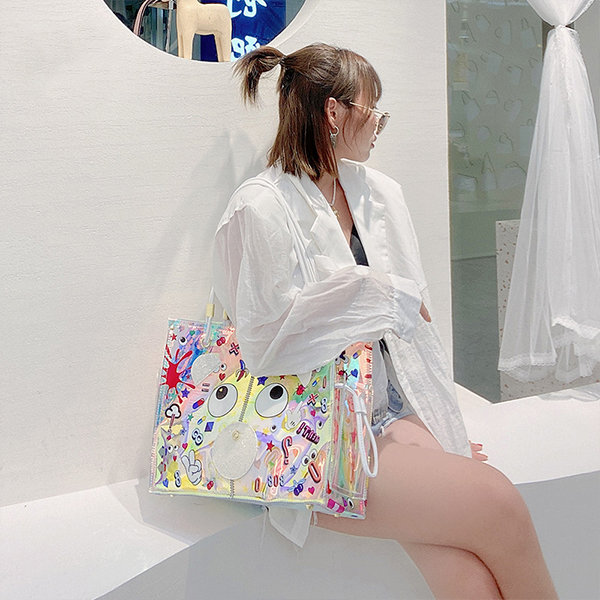 Clear Bag, Small Shoulder Tote Bag Holographic Letter Graphic PVC