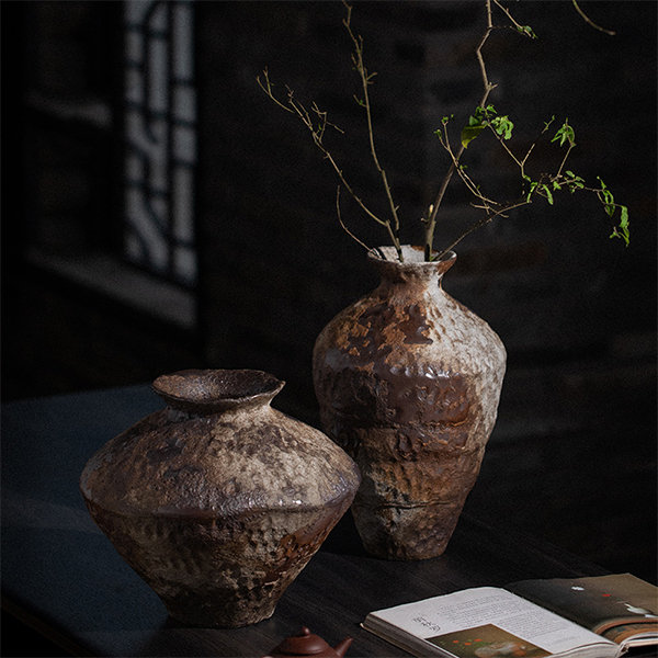 Vintage Handmade Vase - Kaolin - White - Brown - 2 Sizes