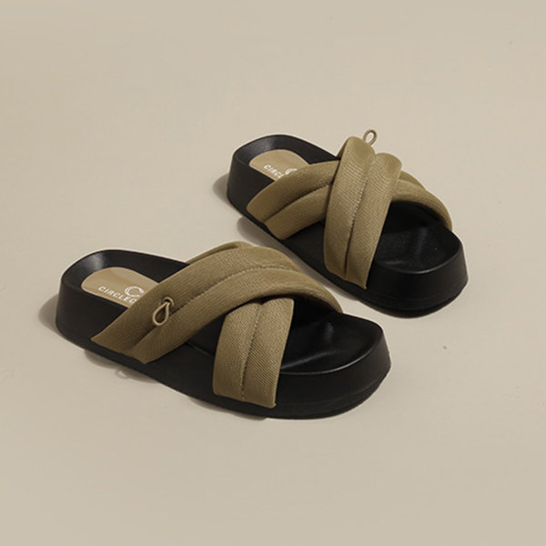 Thick-Soled Cross Strap Slippers - Black - Army Green - 3 Sizes