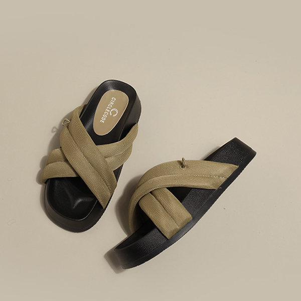 Thick-Soled Cross Strap Slippers - Black - Army Green - 3 Sizes