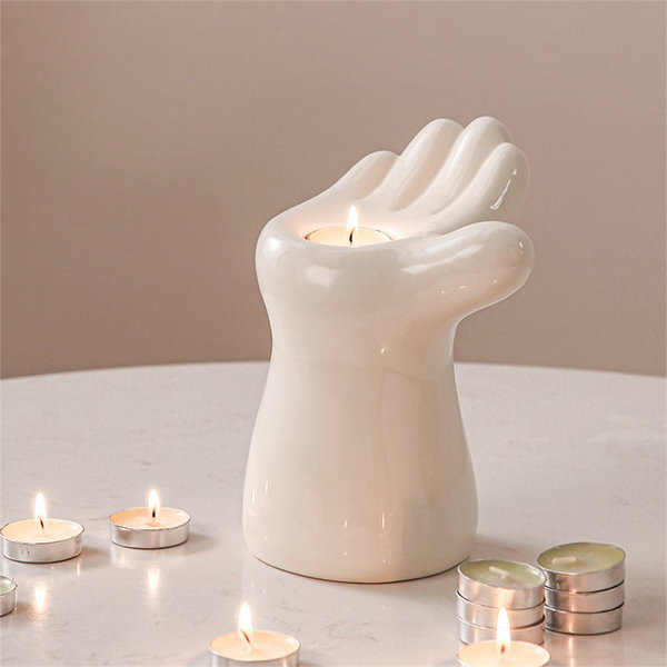 Hand Shaped Candle Holder - Ceramic - White - Black - ApolloBox