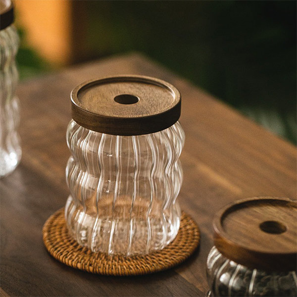 Vintage Square Embossed Glass Jar Acacia Wood Lid Sealed Jar
