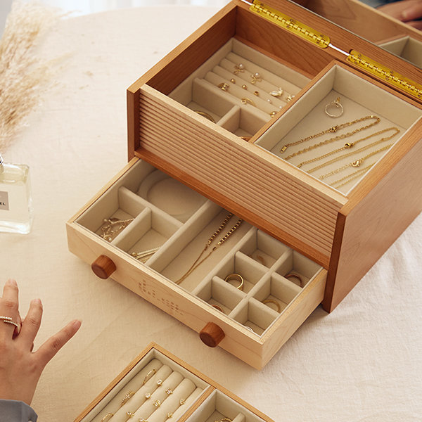 Simple Design Jewelry Box - Cherry Wood - Inside Lid Mirror from Apollo Box