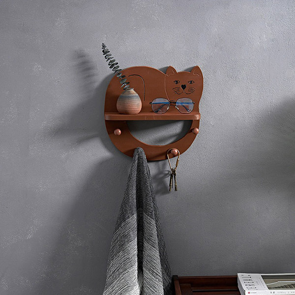 Cute Cat Hanging Shelf - With Hooks - Soild Wood - ApolloBox