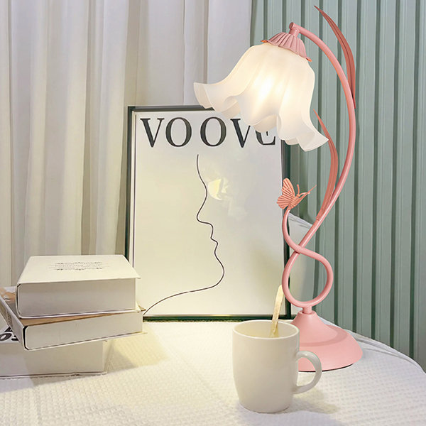 Floral Table Lamp - Vintage Look - Glass - Metal - Green - Pink from Apollo  Box