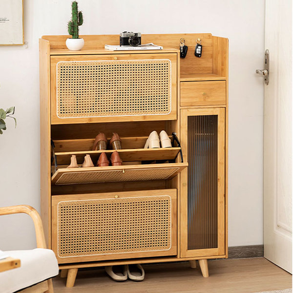 Solid Wood Shoe Cabinet - Wood - Rattan