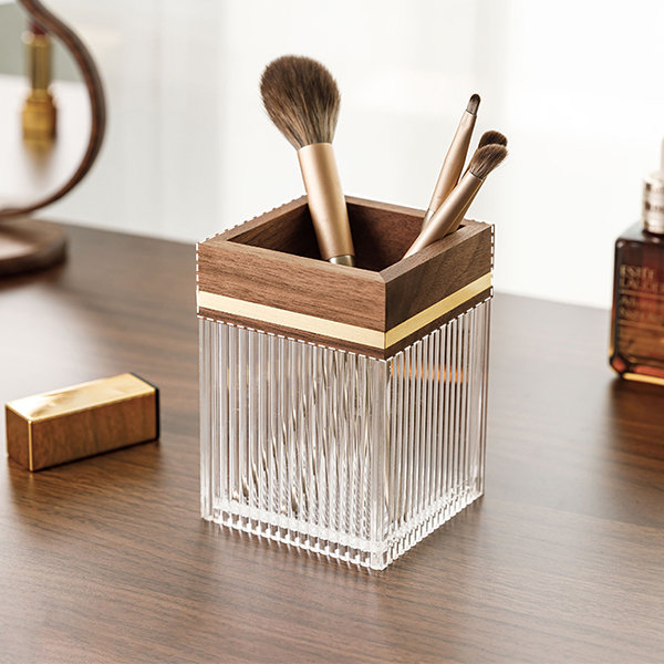 Cubic Makeup Brush Organizer - Black Walnut Wood - Stripes Pattern Acrylic  from Apollo Box