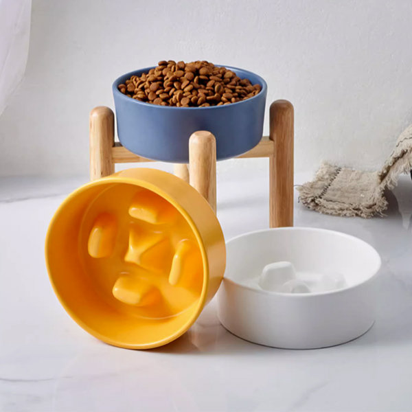 Pet Bowl With Wooden Stand - Ceramic - Bamboo Or Oak