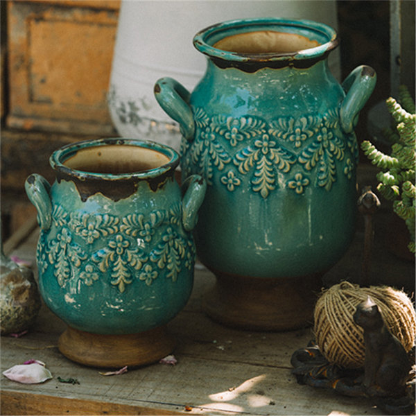 Vintage Ceramic Planter - Carved Design - Pastoral Style