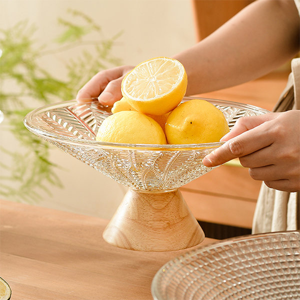 Transparent Fruit Bowl - With Ripple Texture - Glass - Wooden Base -  ApolloBox