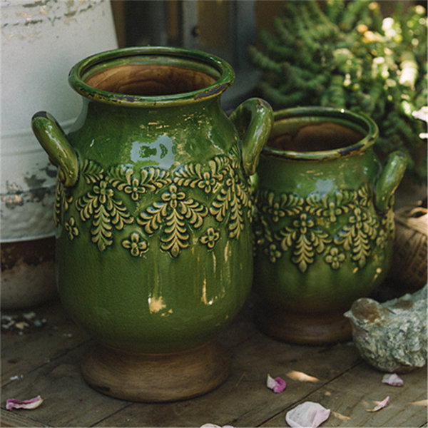 Vintage Ceramic Planter - Carved Design - Pastoral Style