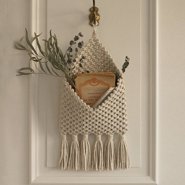 Hand-woven Storage Tapestry - Cotton - White - Yellow - Home Decor