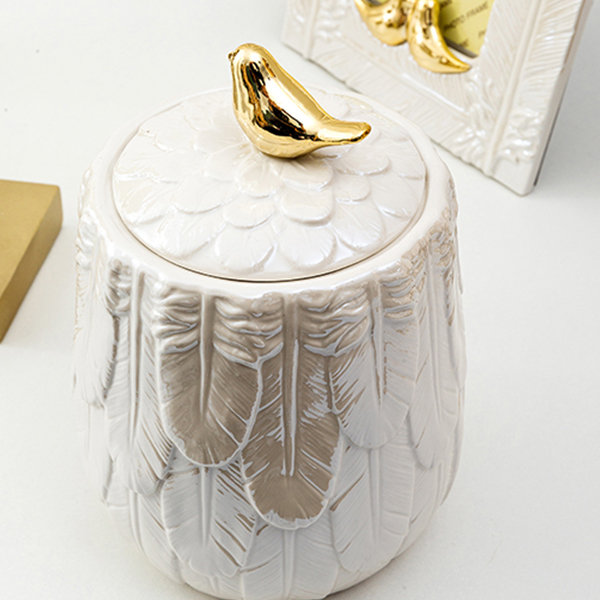 Bird Feather Storage Jar - Ceramic - Artistic Craftsmanship - ApolloBox