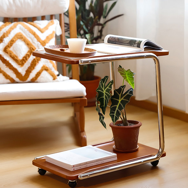 Retro C-shaped Trolley Side Table - Birchwood - Glass - Stainless Steel