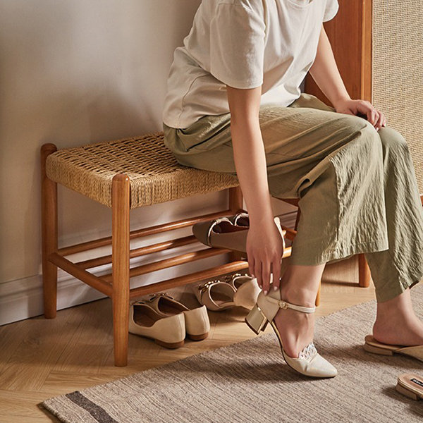 Wood Rope-Woven Shoe Bench - Rubber Wood - Offering A Cozy Seating