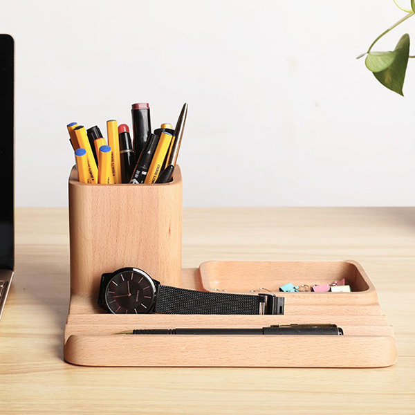 Multifunctional Rotating Wooden Pen Holder for Desktop Storage