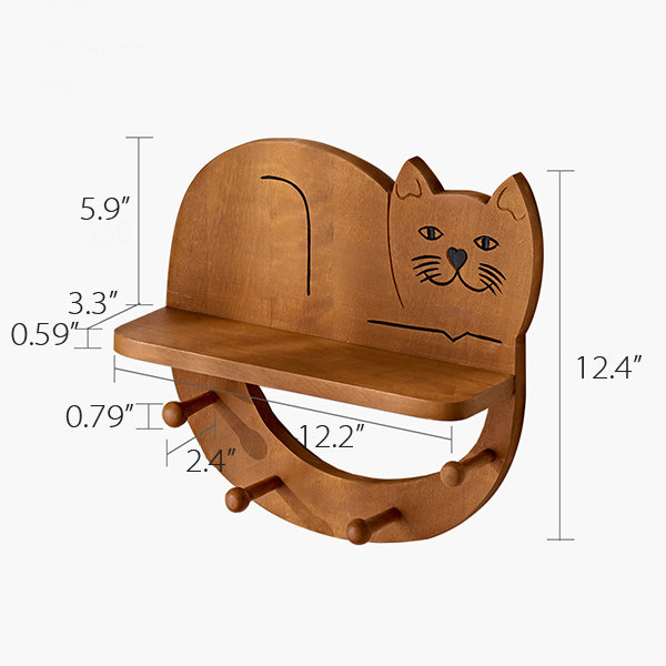 Cute Cat Hanging Shelf - With Hooks - Soild Wood - ApolloBox