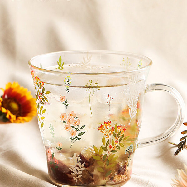 Holographic Glass Cup With Lid and Straw, Flower Glass Cups