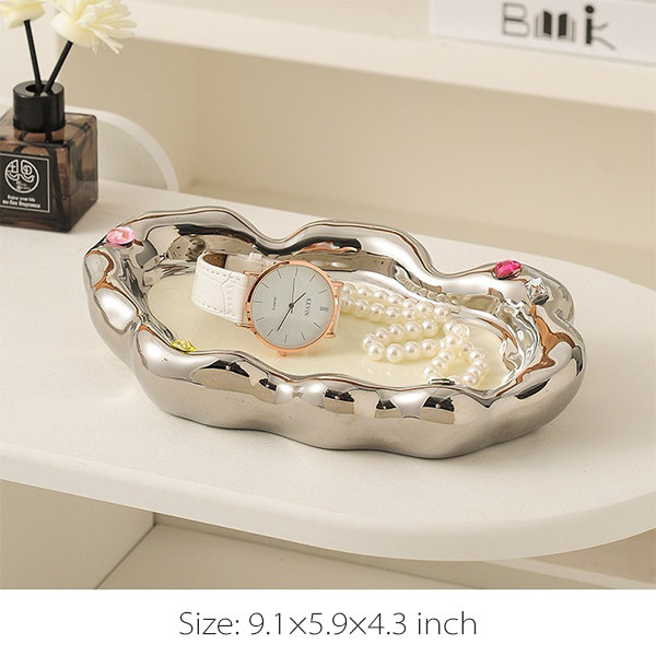 Cloud Shaped Storage Tray - Ceramic - Diamond Decoration - Silver - Black