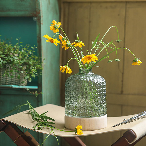 Wood Base Textured Glass Vase - Green Hue - Seamlessly Merging