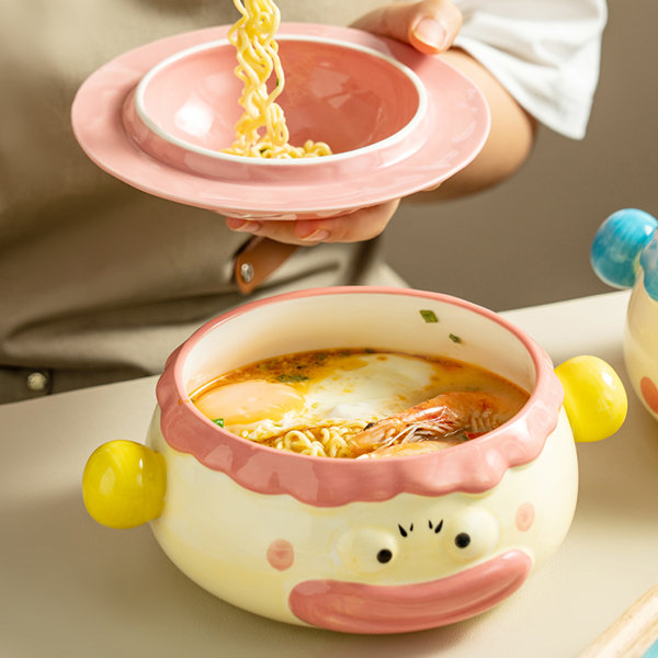 Temu 1pc Korean Cartoon Ceramic Noodle Bowl with Lid - Perfect for