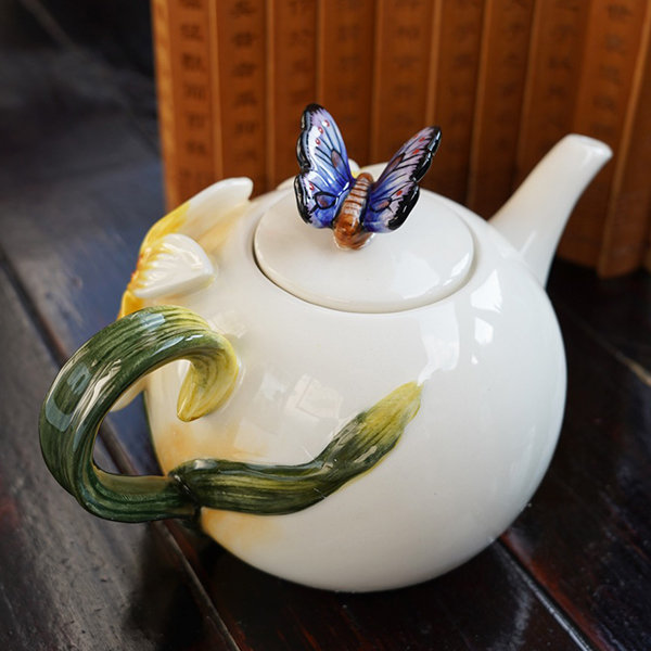 Glass Teapot Butterflies and Flowers, Hand Painted Tea Pot With