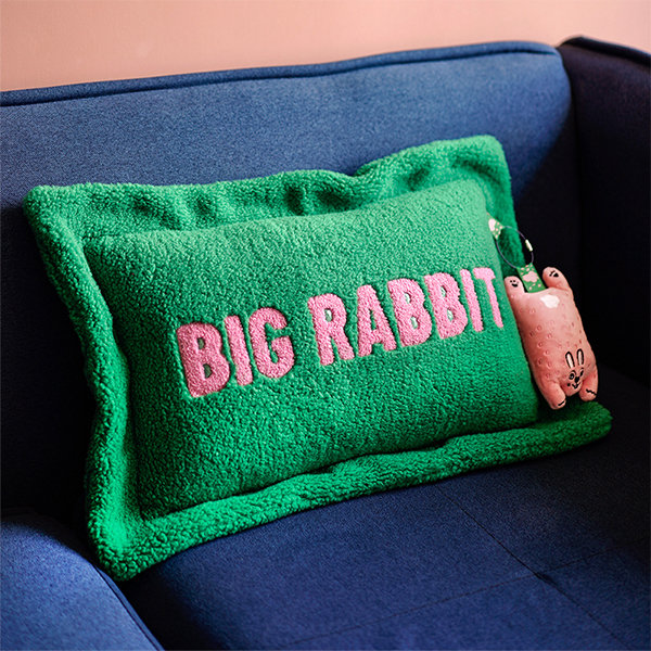 Green Lumbar Pillow - Pink Words Of Big Rabbit - Soft And Cozy