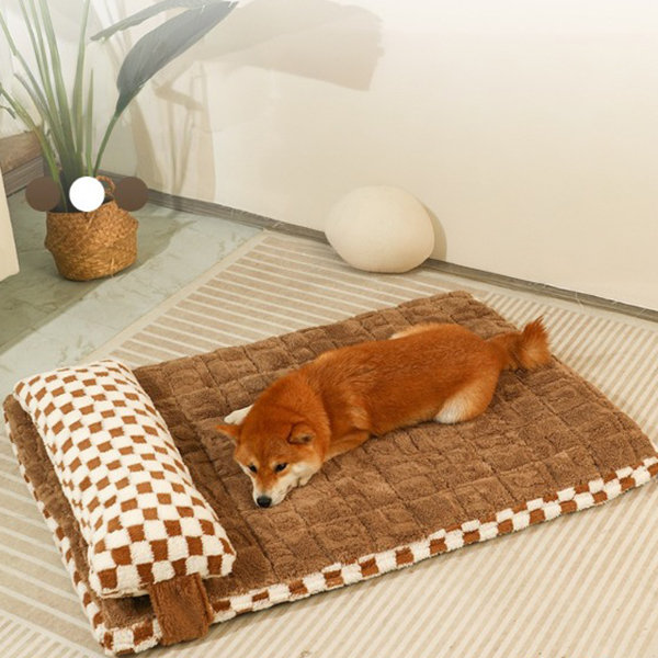 Rectangular Fluffy Plaid Pet Cushion - Anti-slip Backing - White - Khaki  from Apollo Box