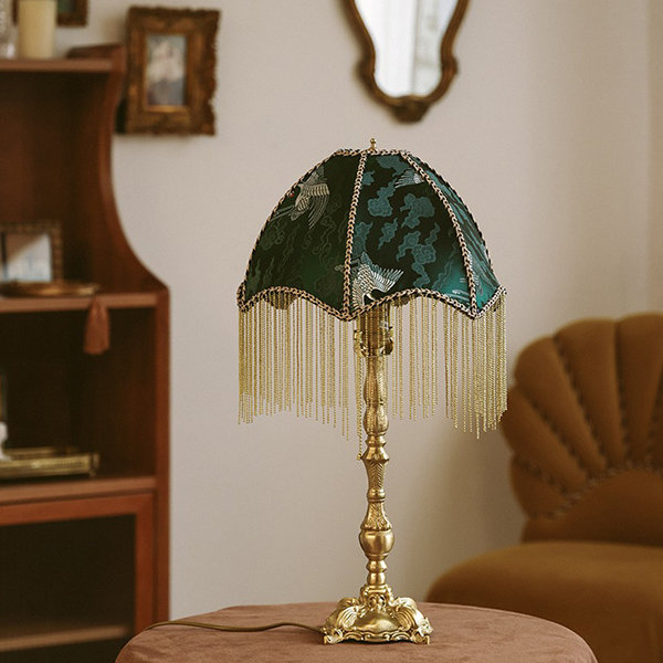 Vintage Tassel Table Lamp - Brass - Deep Green Shade with Delicate Patterns  from Apollo Box
