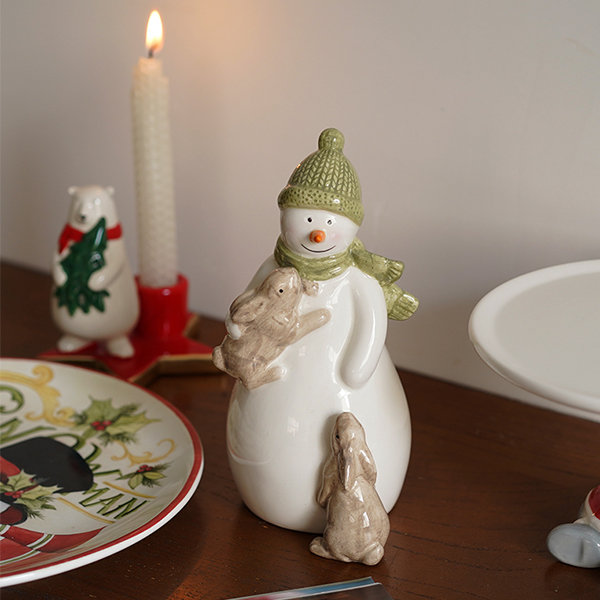 Christmas Snowman Rabbit Ornament - Ceramic - A Festive Vintage Touch