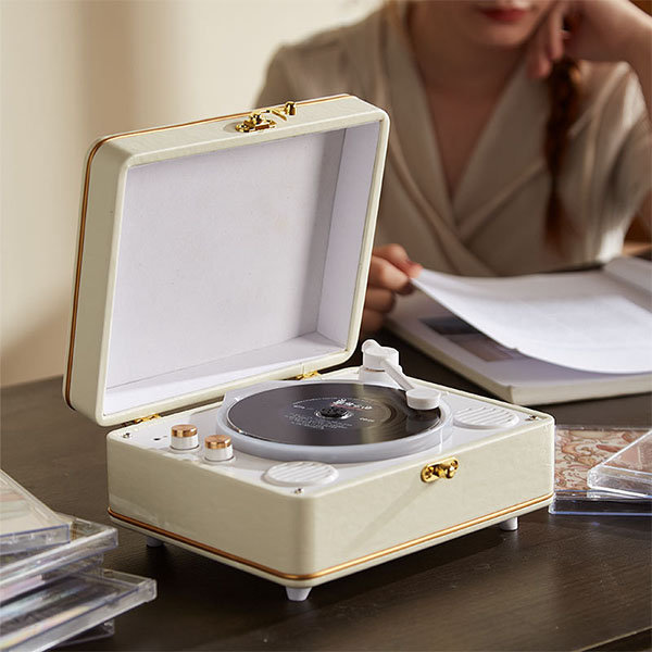 Vintage Portable Vinyl Record Player - White - Pink - Modern Functionality  - ApolloBox