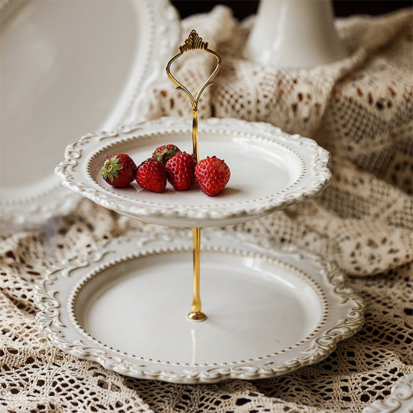 Elegant Tiered Dessert Tray - Ceramic - 2 Tiers - Vintage Embossed Design  from Apollo Box