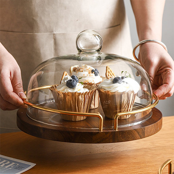 Double-Handled Cake Tray - Wood Base - Transparent Glass Dome