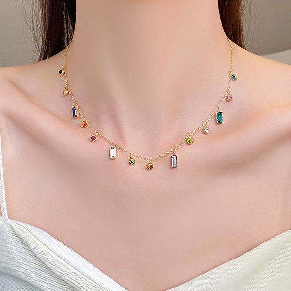 Elegant Multi-colored Zircon Clavicle Necklace - Delicate Chain