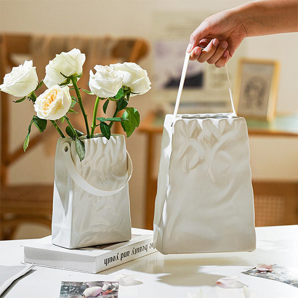 Crinkle Paper Bag Shape Vase - Ceramic - Brown - Cream from Apollo Box