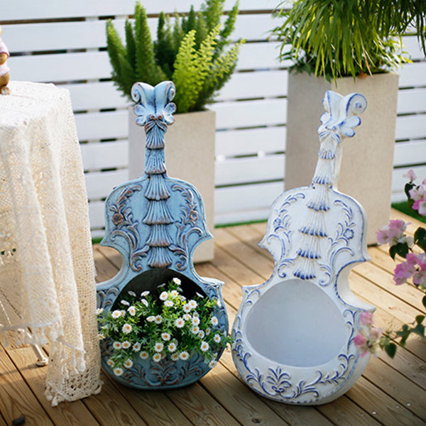 Vintage Violin Garden Flower Pot - Solar Powered Light - Magnesium Oxide - White - Blue