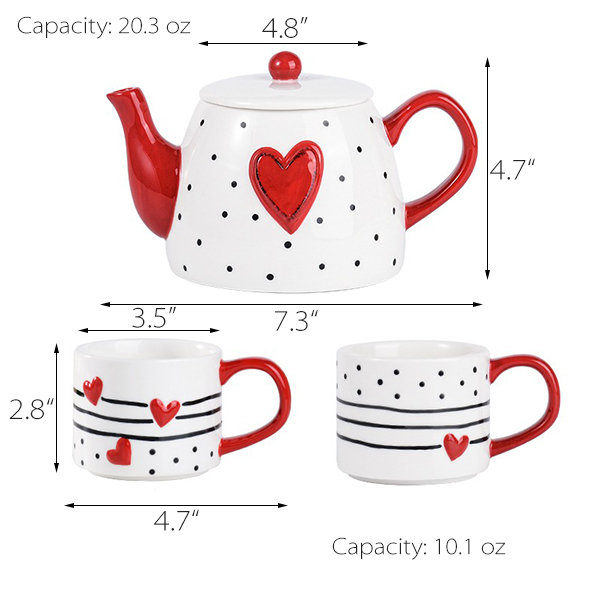 Heart-themed Tea Set - With Red Accents - Space-saving Stackable Cups