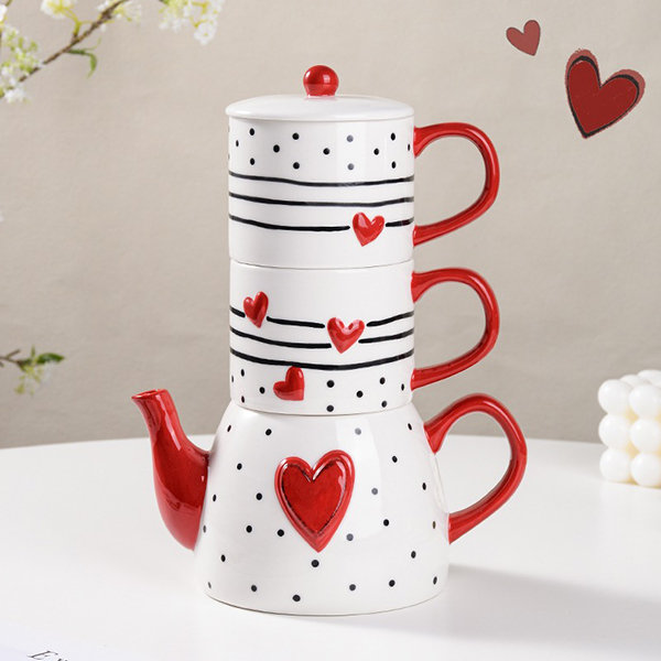 Heart-themed Tea Set - With Red Accents - Space-saving Stackable Cups