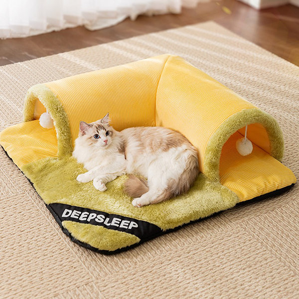 Cozy Cat Tunnel Mat - Yellow - Gray - Warmth and Comfort - Inviting Hideaway Design