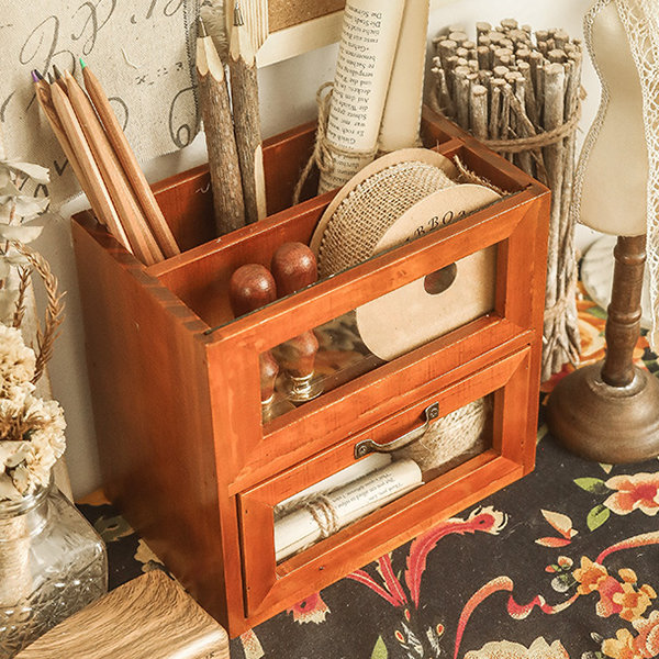 Desktop Storage Cabinet - Wood - Glass - 2 Drawers - Vintage from Apollo Box