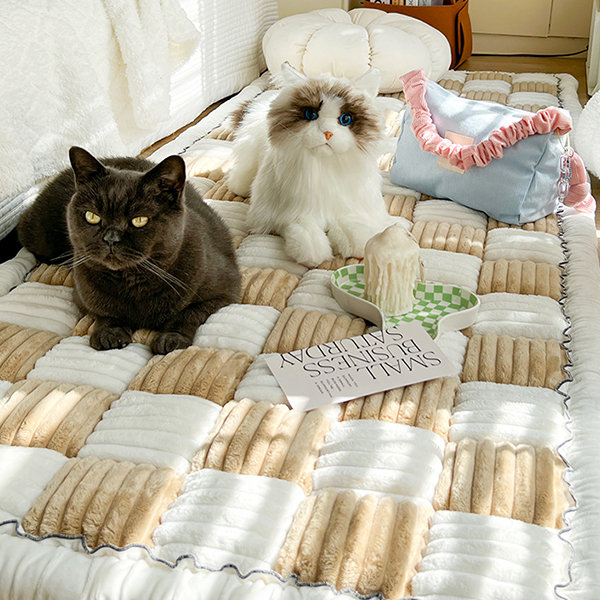 Rectangular Fluffy Plaid Pet Cushion - Anti-slip Backing - White - Khaki  from Apollo Box