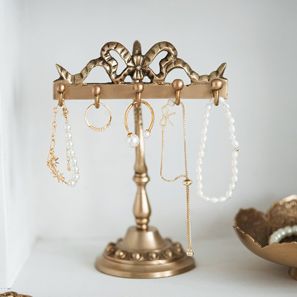 vintage brass jewelry stand, tiny coat tree rack w/ hanging hooks