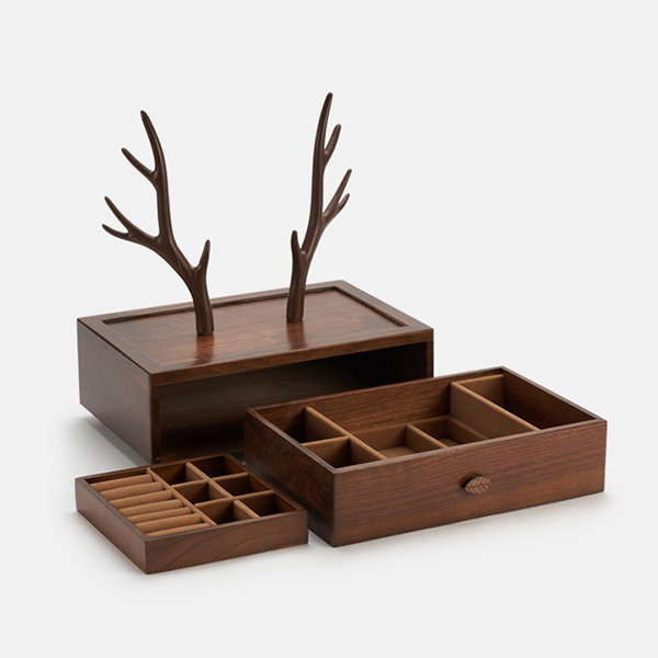 Deer Antler Solid Wood Jewelry Box - Compartmentalized Storage - ApolloBox